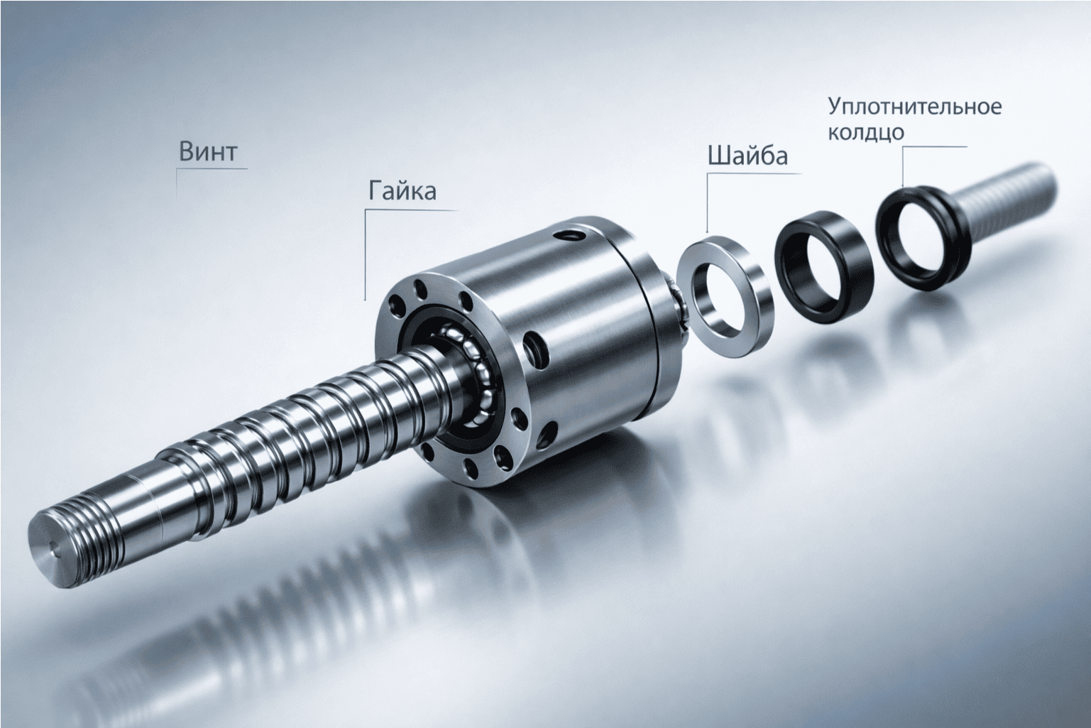 Устройство шарико-винтовой передачи: винт, гайка, уплотнения