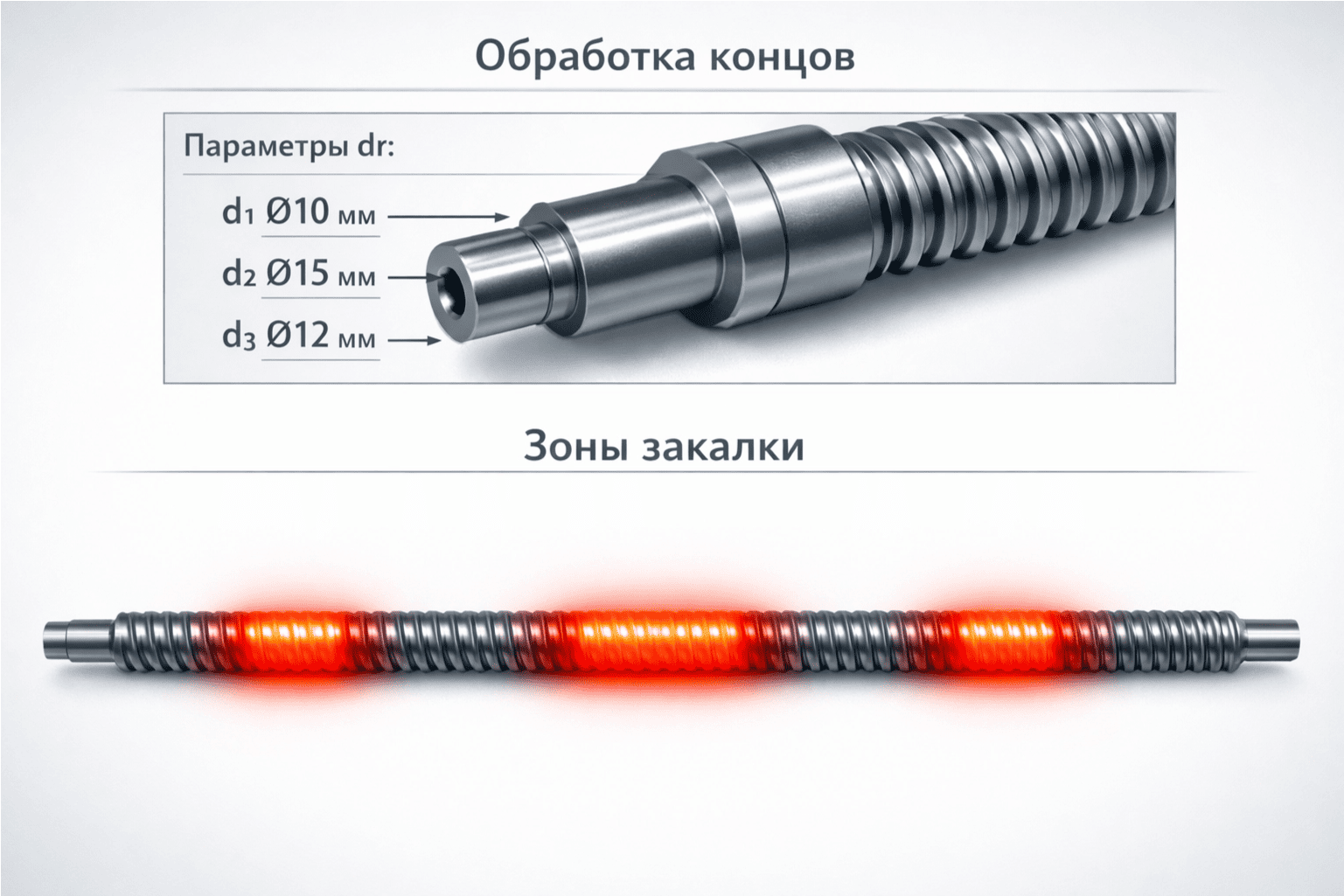 Зоны термической обработки и геометрия концов винта ШВП (параметры dr)